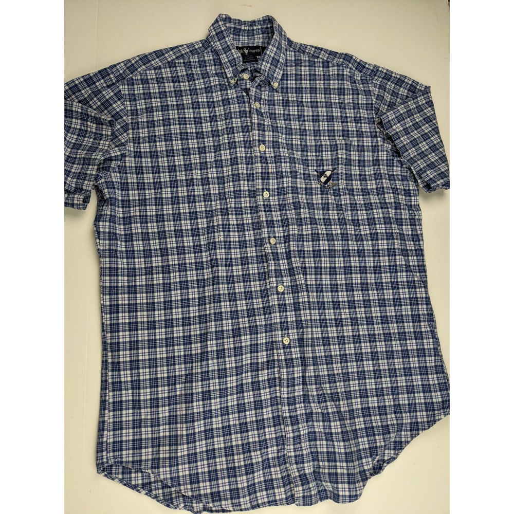 Ralph Lauren Tilden Blue Plaid Short Sleeve Button Down Mens Shirt Size Medium